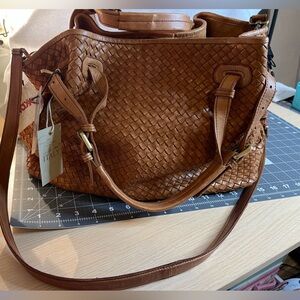 NWT! Valentina Brown Woven Leather Tote Bag/Purse